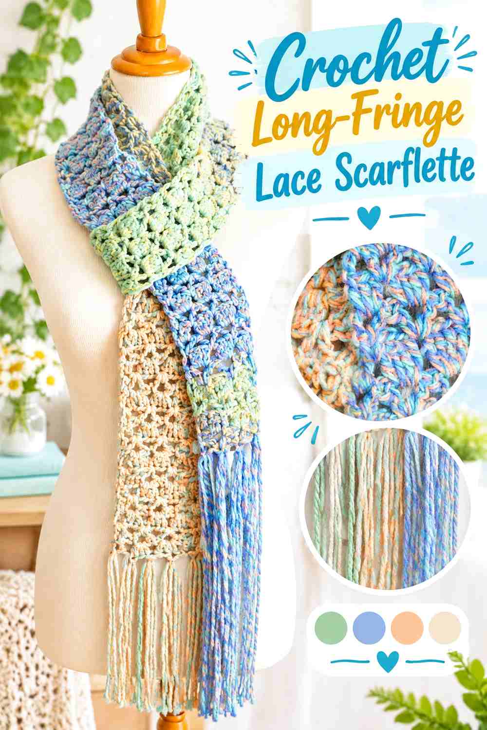 10. Crochet Long Fringe Lace Scarflette