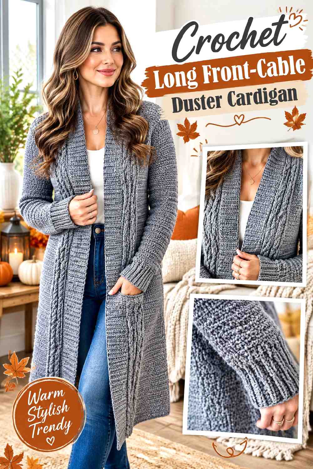5. Crochet Long Front Cable Duster Cardigan