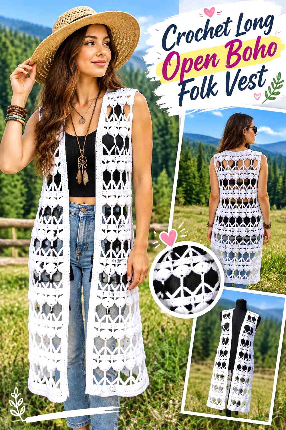6. Crochet Long Open Boho Folk Vest