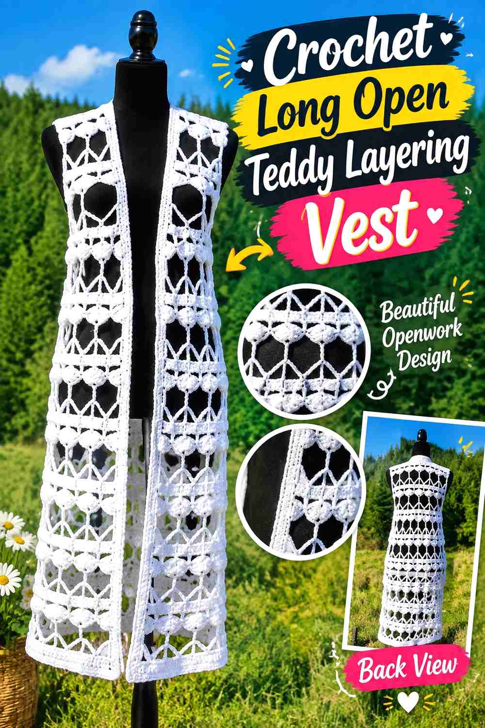 8. Crochet Long Open Teddy Layering Vest