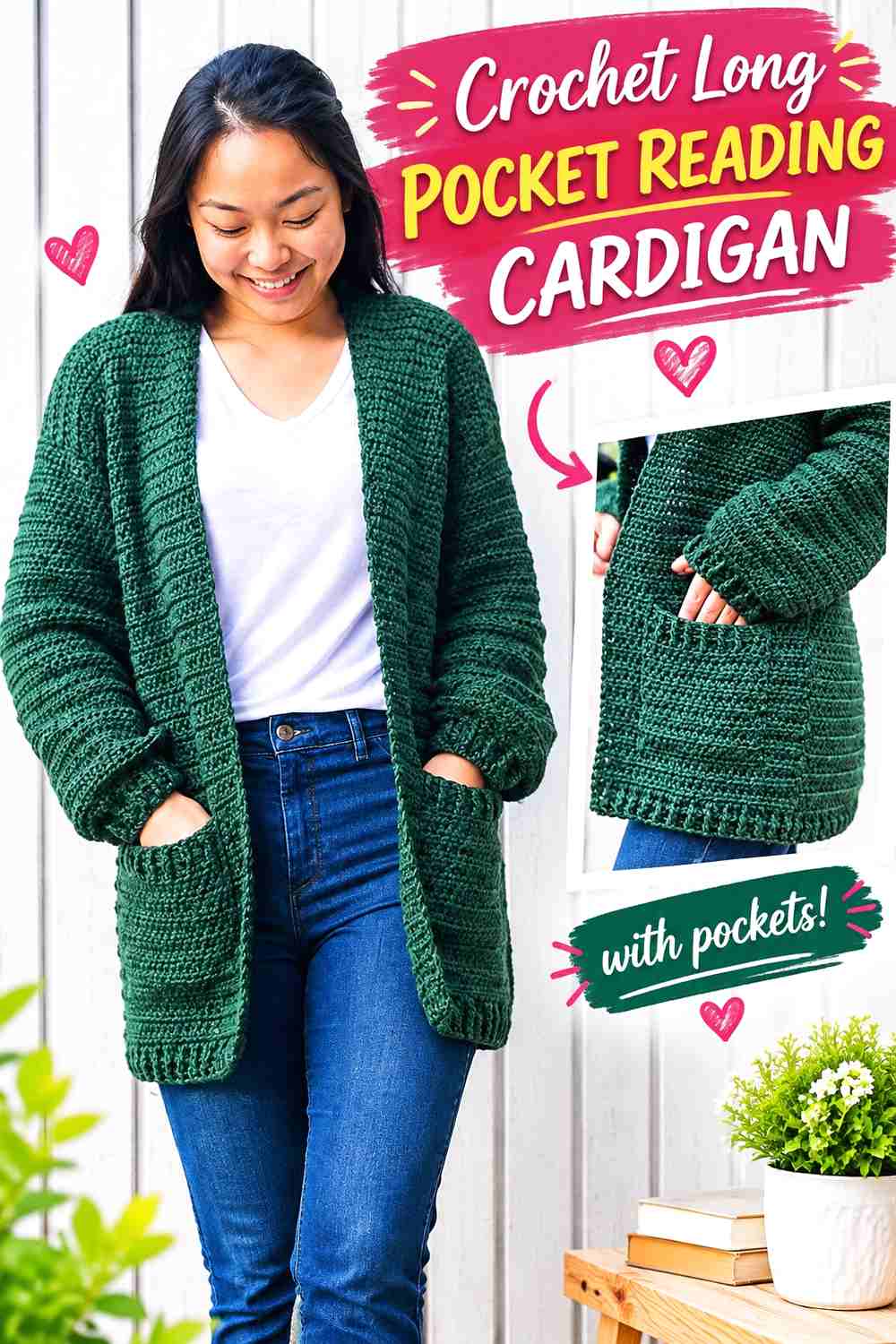 1. Crochet Long Pocket Reading Cardigan