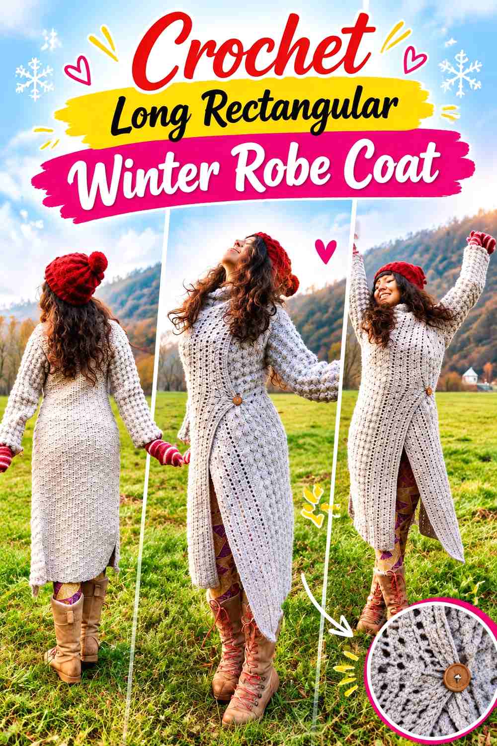 6. Crochet Long Rectangular Winter Robe Coat