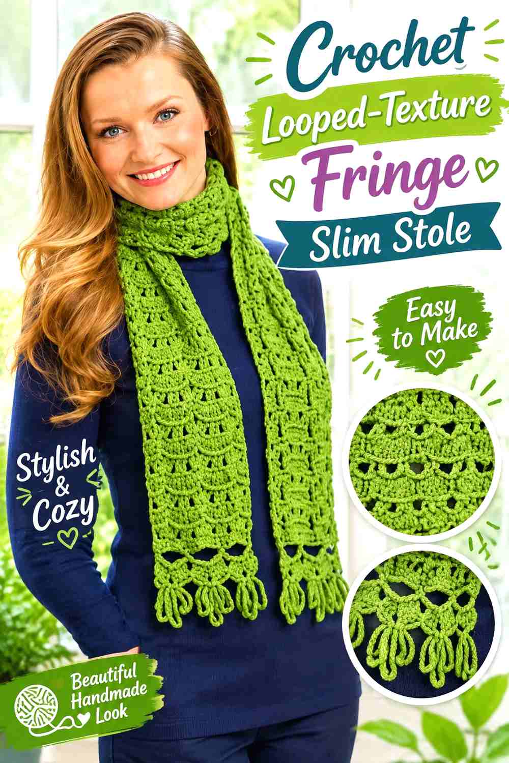 14. Crochet Looped Texture Fringe Slim Stole