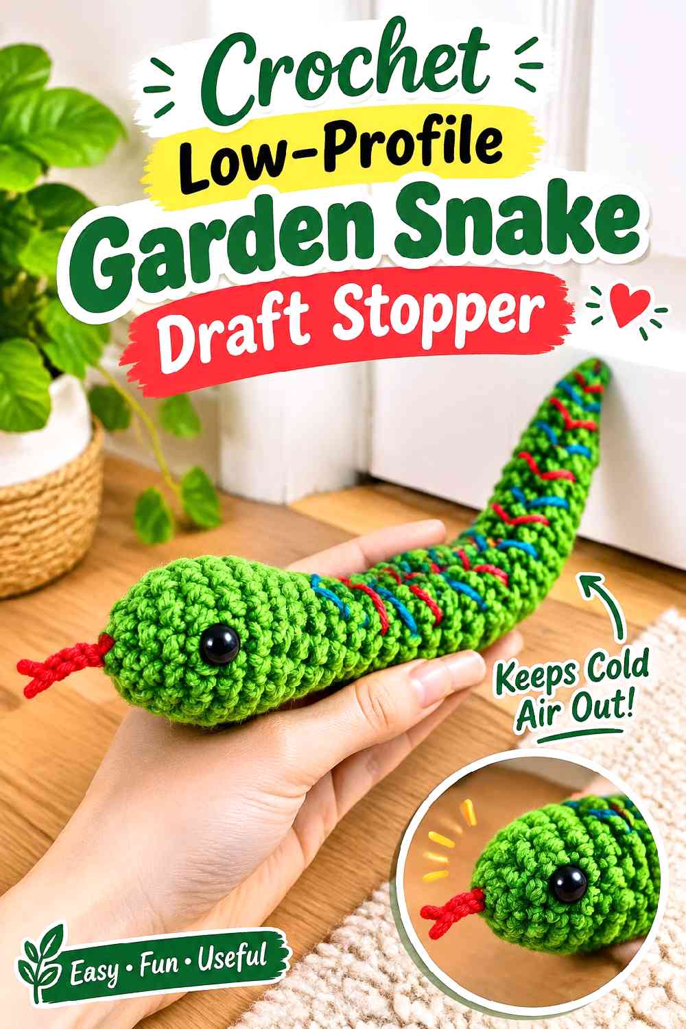 14. Crochet Low-Profile Garden Snake Draft Stopper
