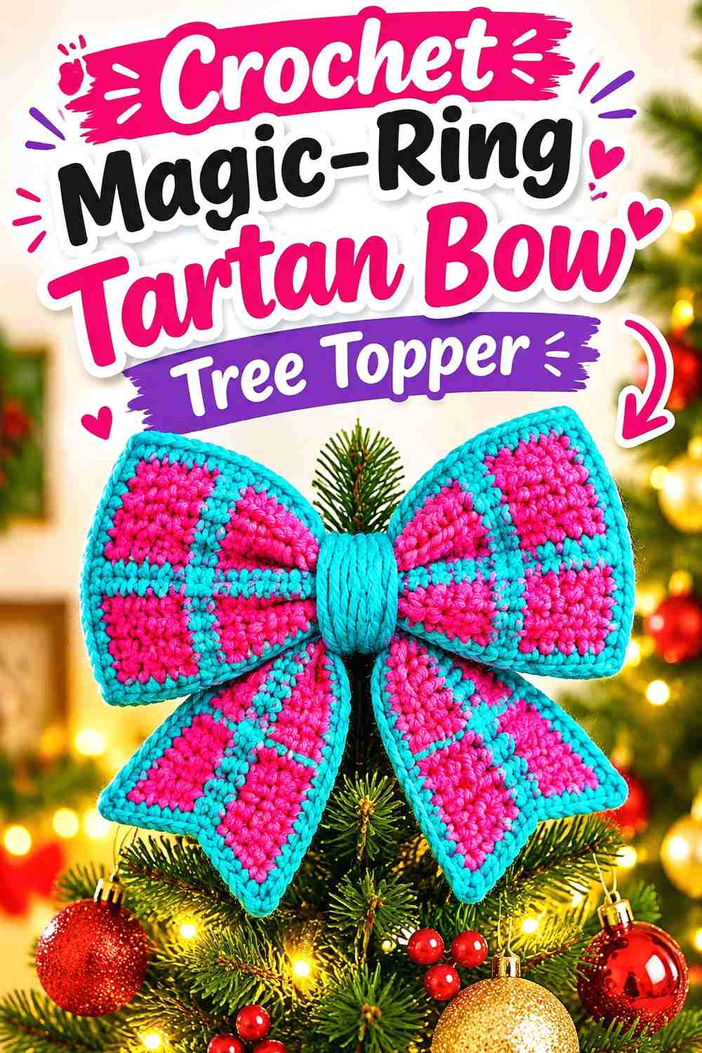 15. Crochet Magic-Ring Tartan Bow Tree Topper