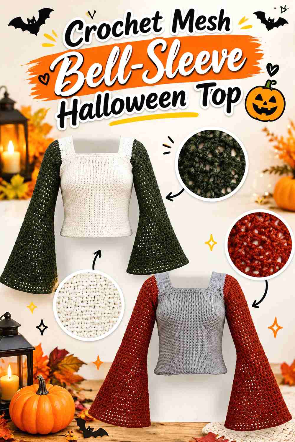 14. Crochet Mesh Bell-Sleeve Halloween Top