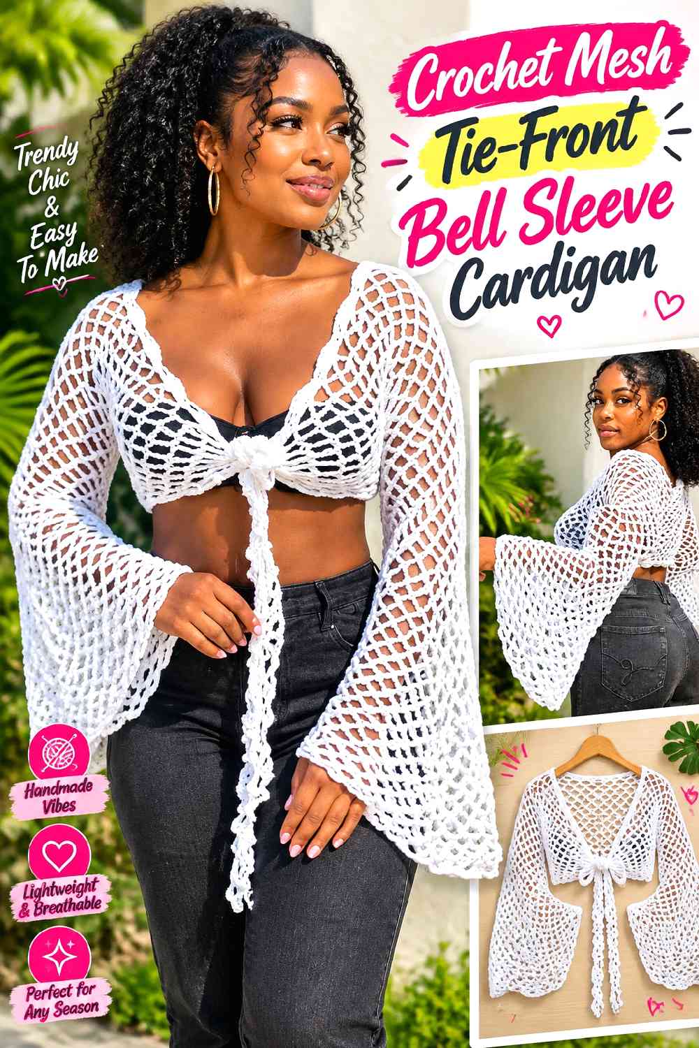 10. Crochet Mesh Tie-Front Bell Sleeve Cardigan