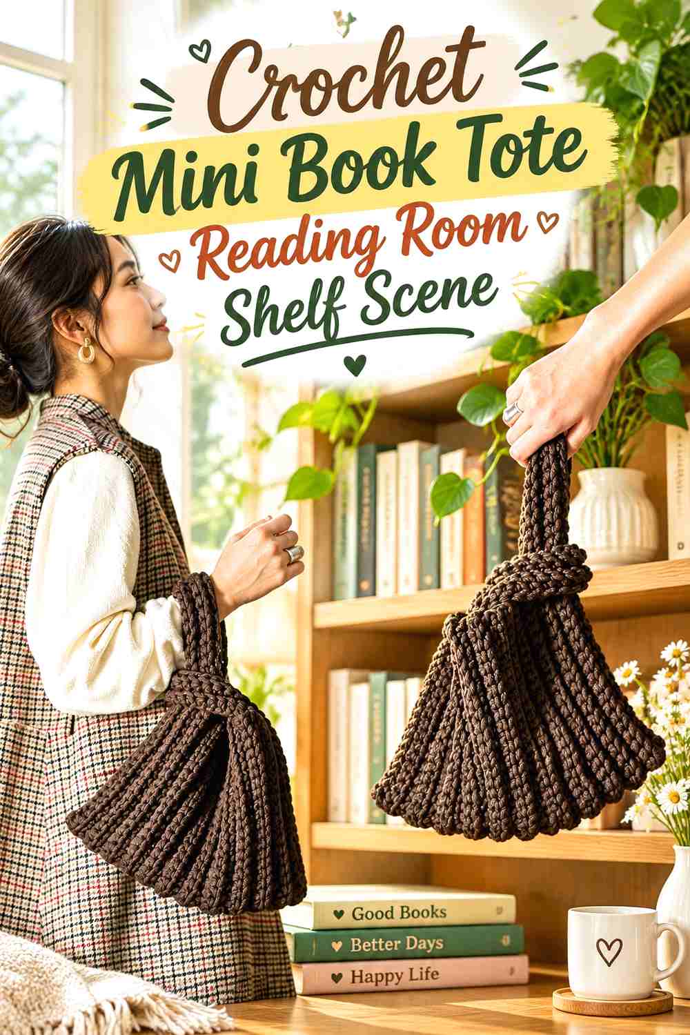 16. Crochet Mini Book Tote Reading Room Shelf Scene