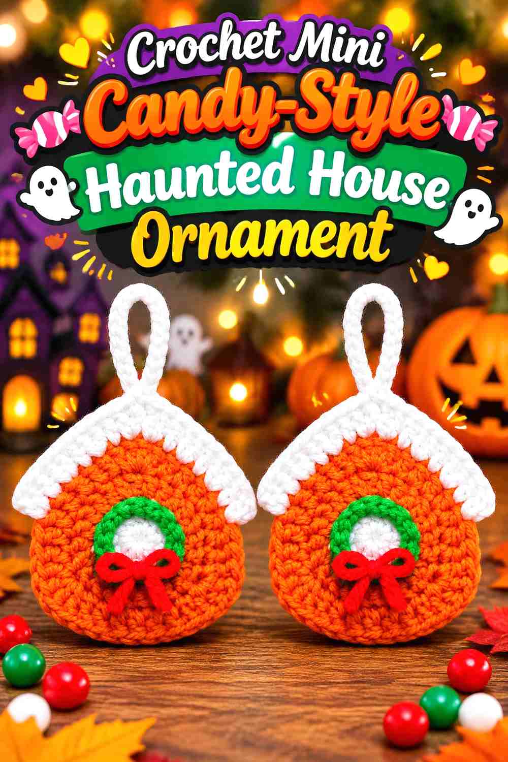 12. Crochet Mini Candy-Style Haunted House Ornament