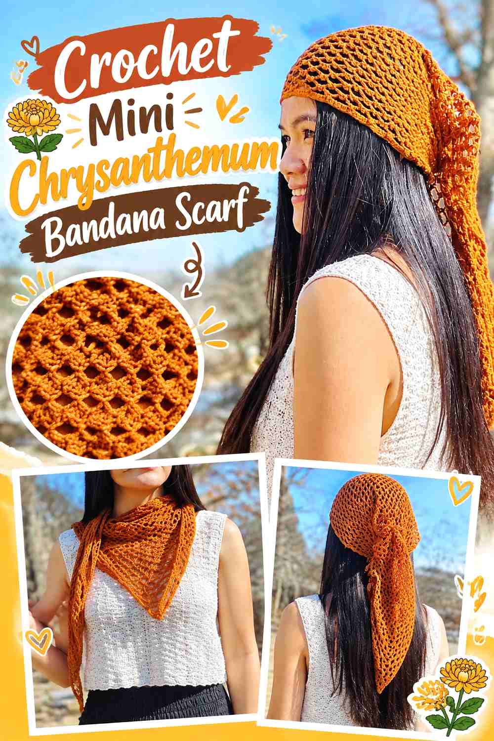6. Crochet Mini Chrysanthemum Bandana Scarf