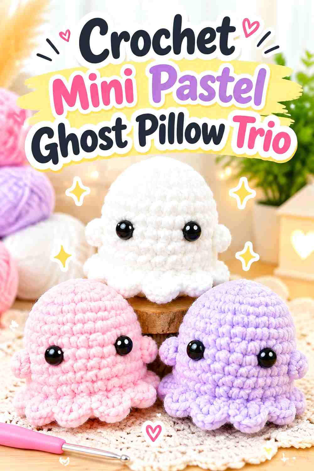 17. Crochet Mini Pastel Ghost Pillow Trio