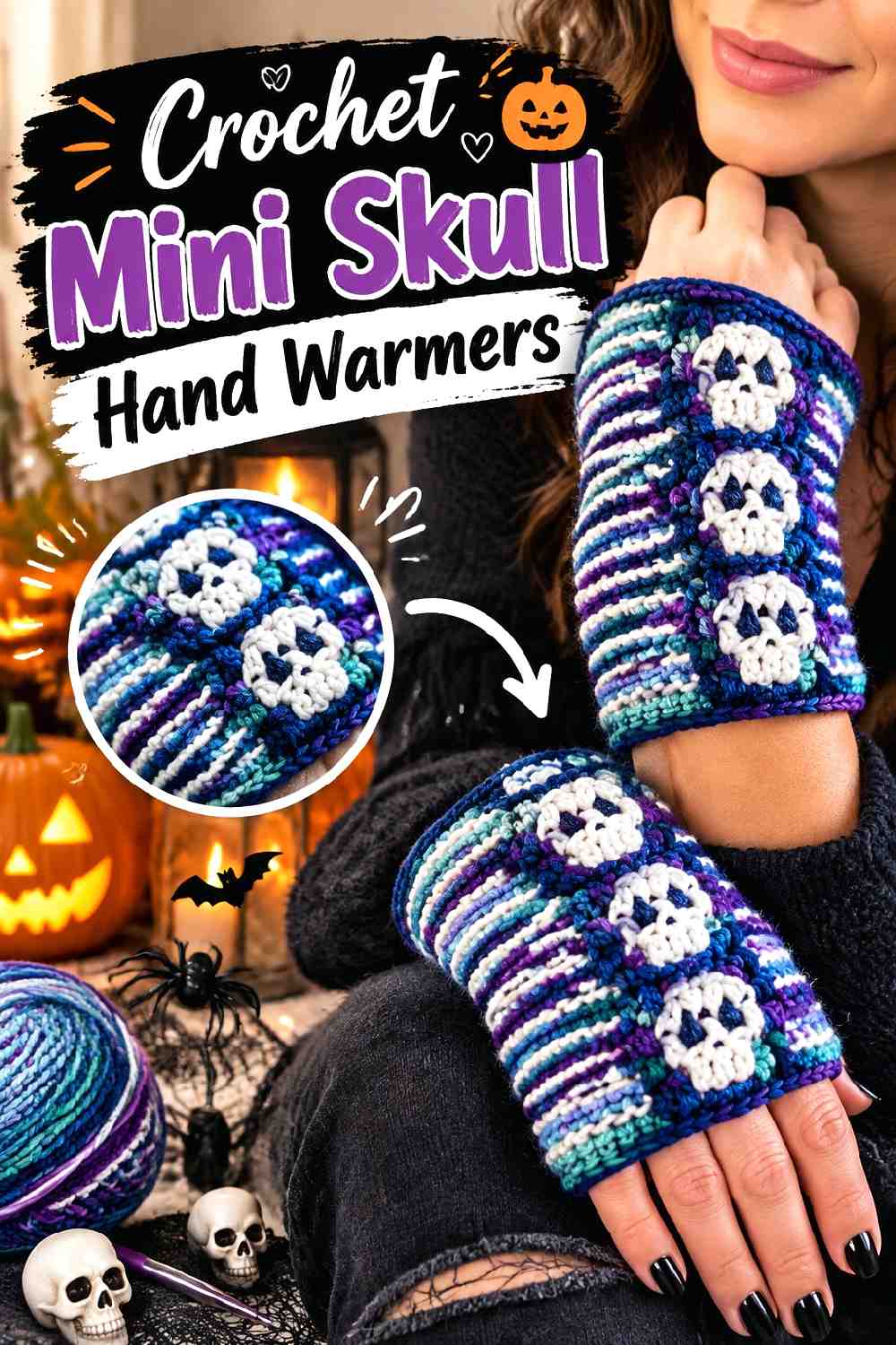 6. Crochet Mini Skull Hand Warmers