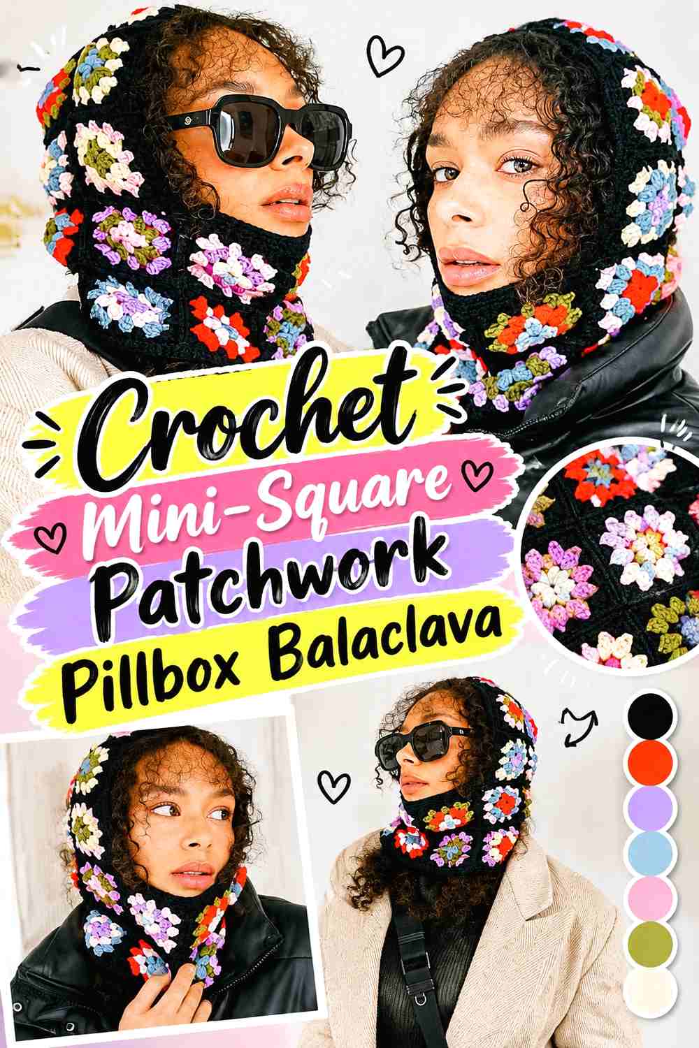 13. Crochet Mini-Square Patchwork Pillbox Balaclava