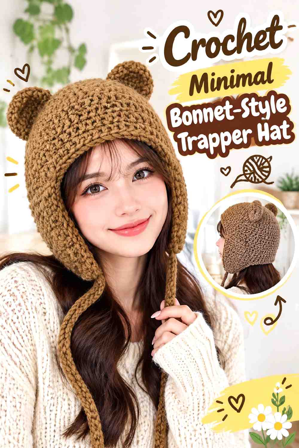 13. Crochet Minimal Bonnet Style Trapper Hat