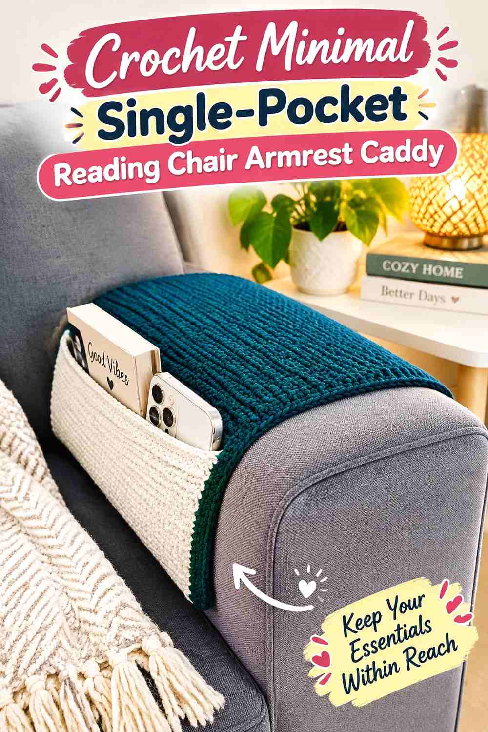4. Crochet Minimal Single-Pocket Reading Chair Armrest Caddy