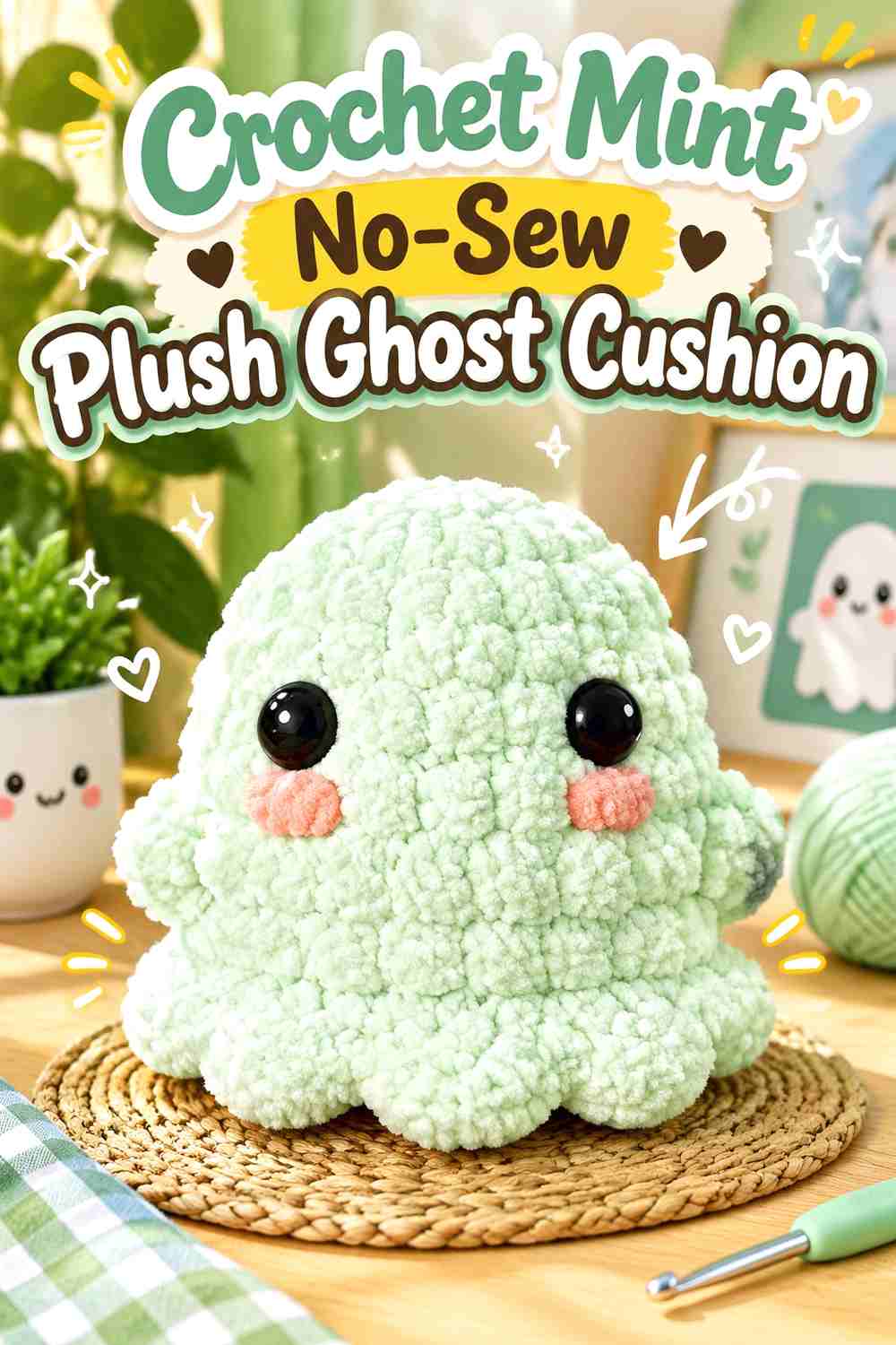 15. Crochet Mint No-Sew Plush Ghost Cushion