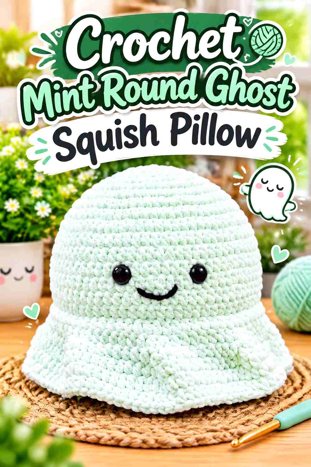 3. Crochet Mint Round Ghost Squish Pillow