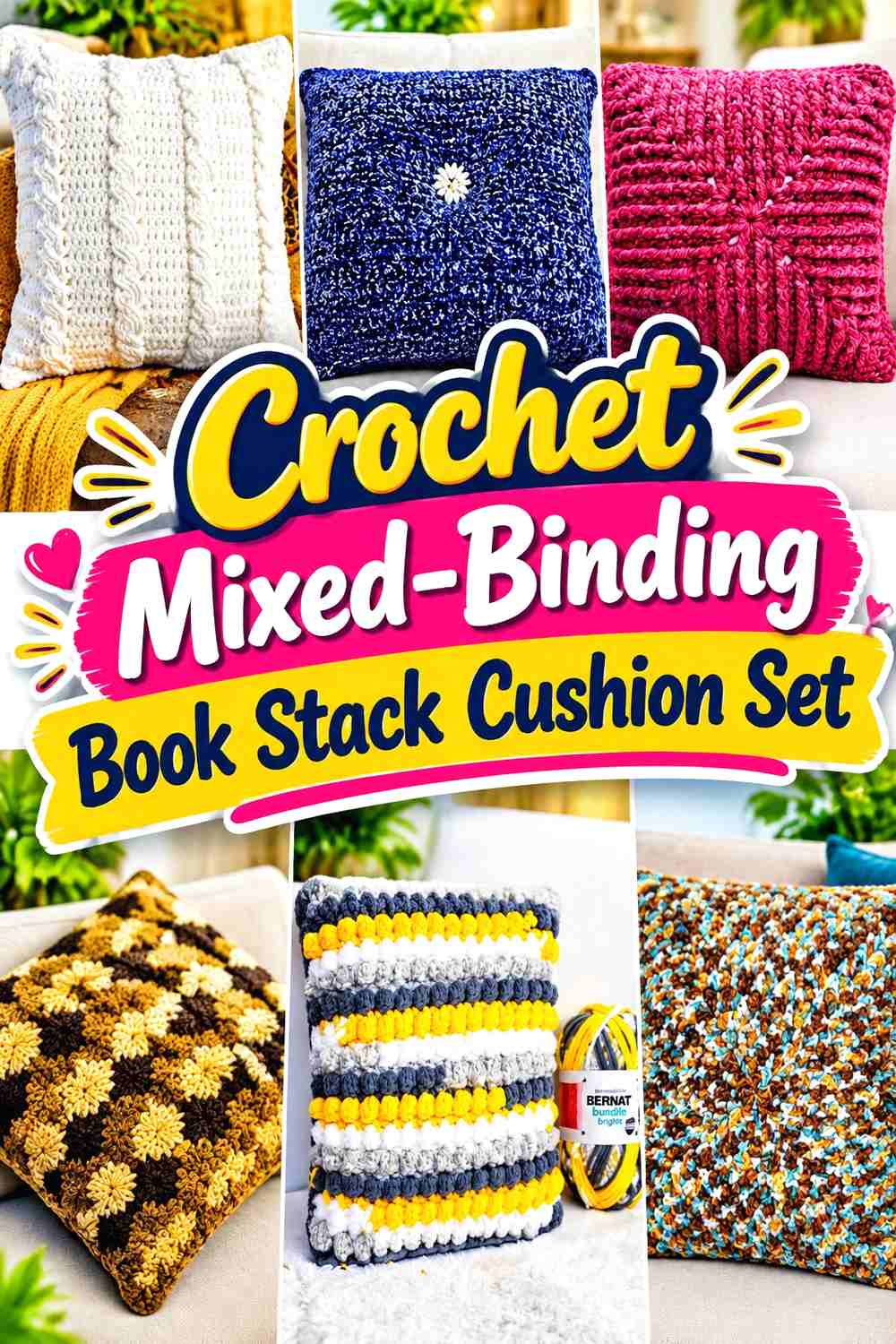 17. Crochet Mixed-Binding Book Stack Cushion Set