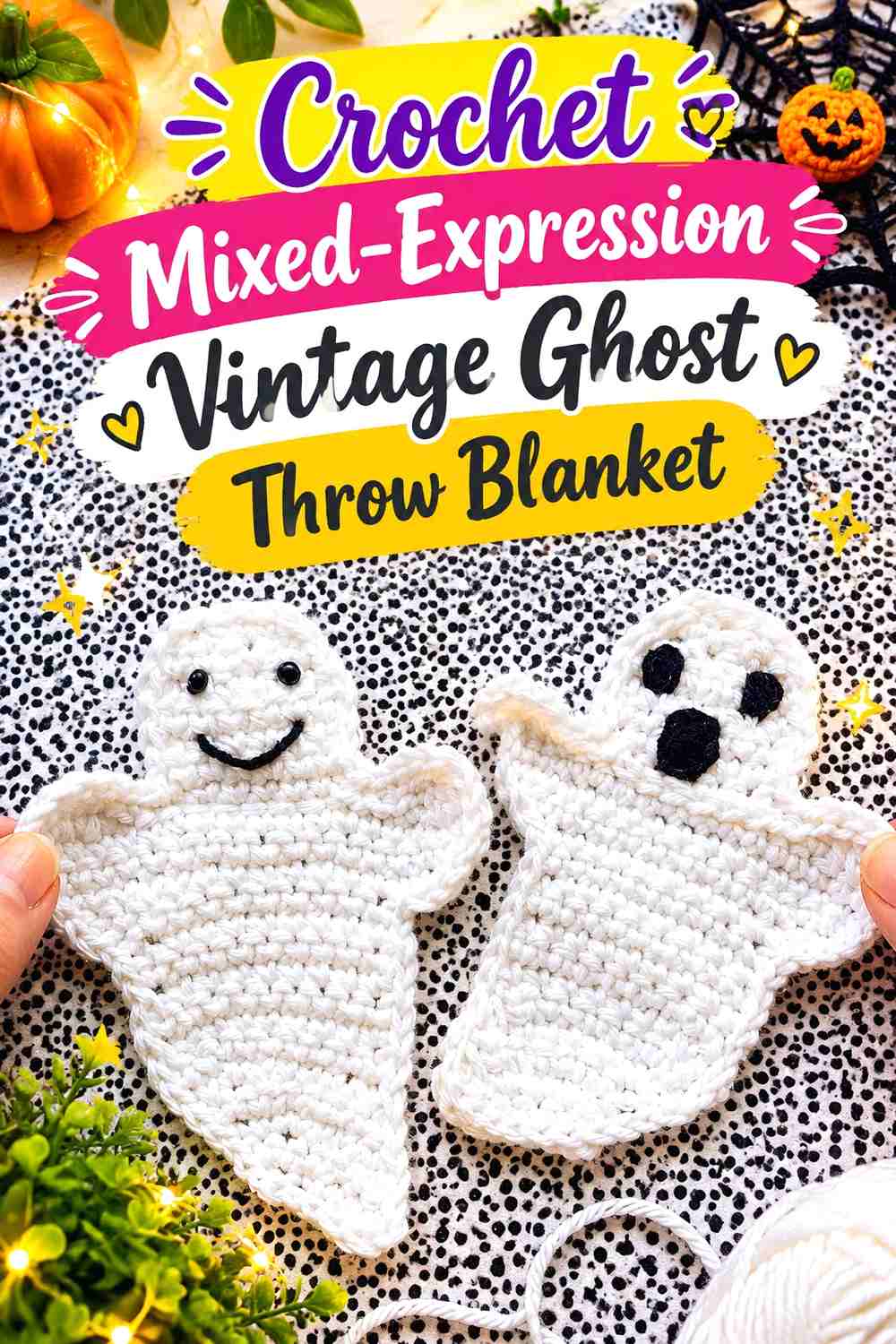 12. Crochet Mixed-Expression Vintage Ghost Throw Blanket