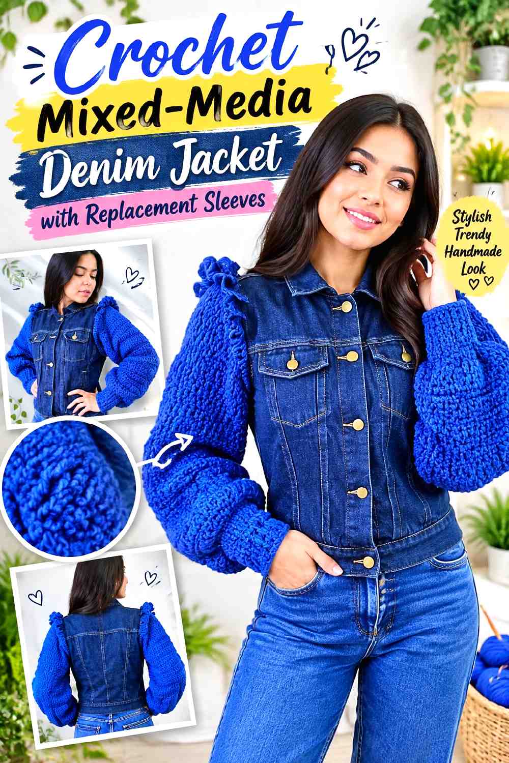2. Crochet Mixed Media Denim Jacket With Replacement Sleeves