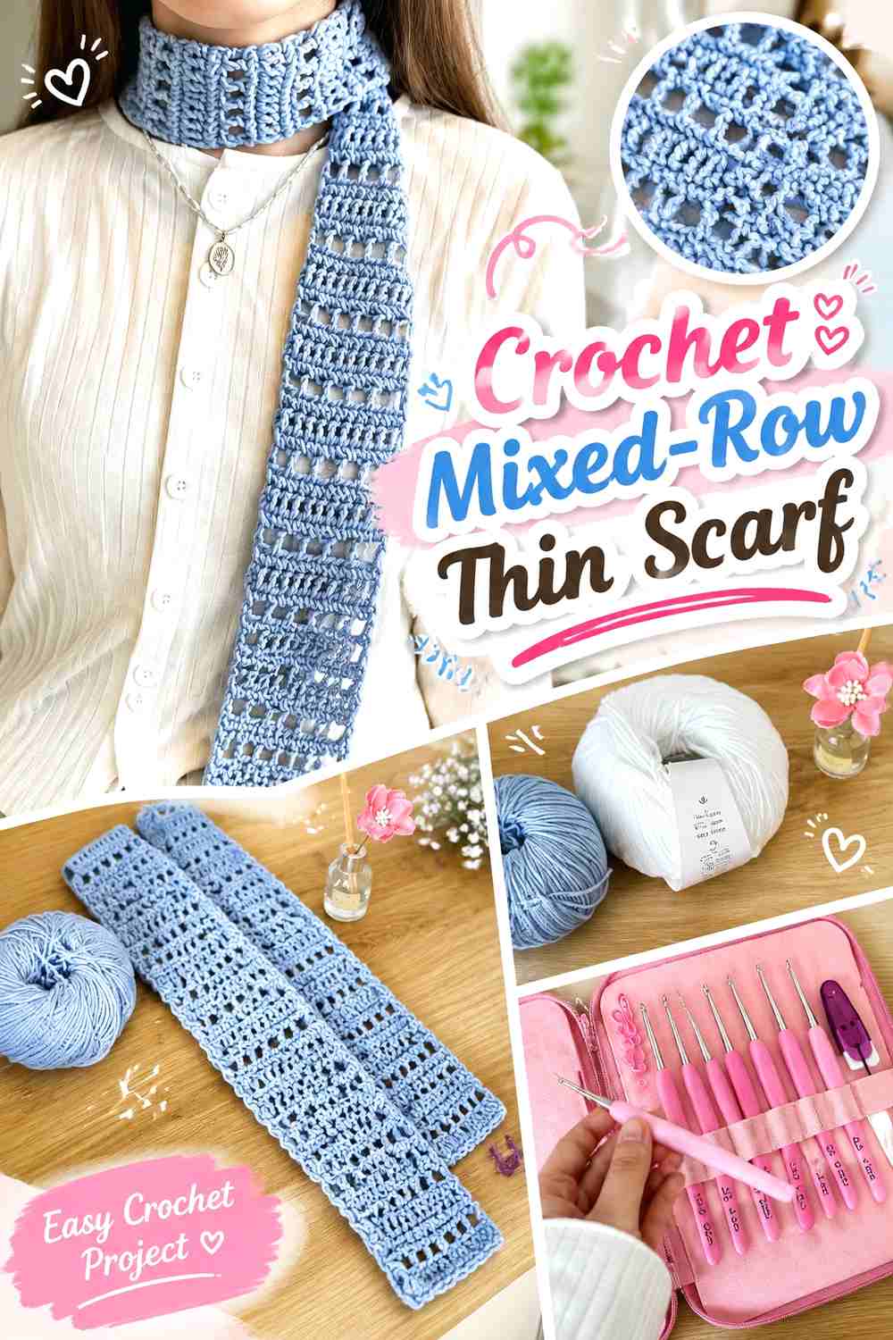 13. Crochet Mixed Row Thin Scarf