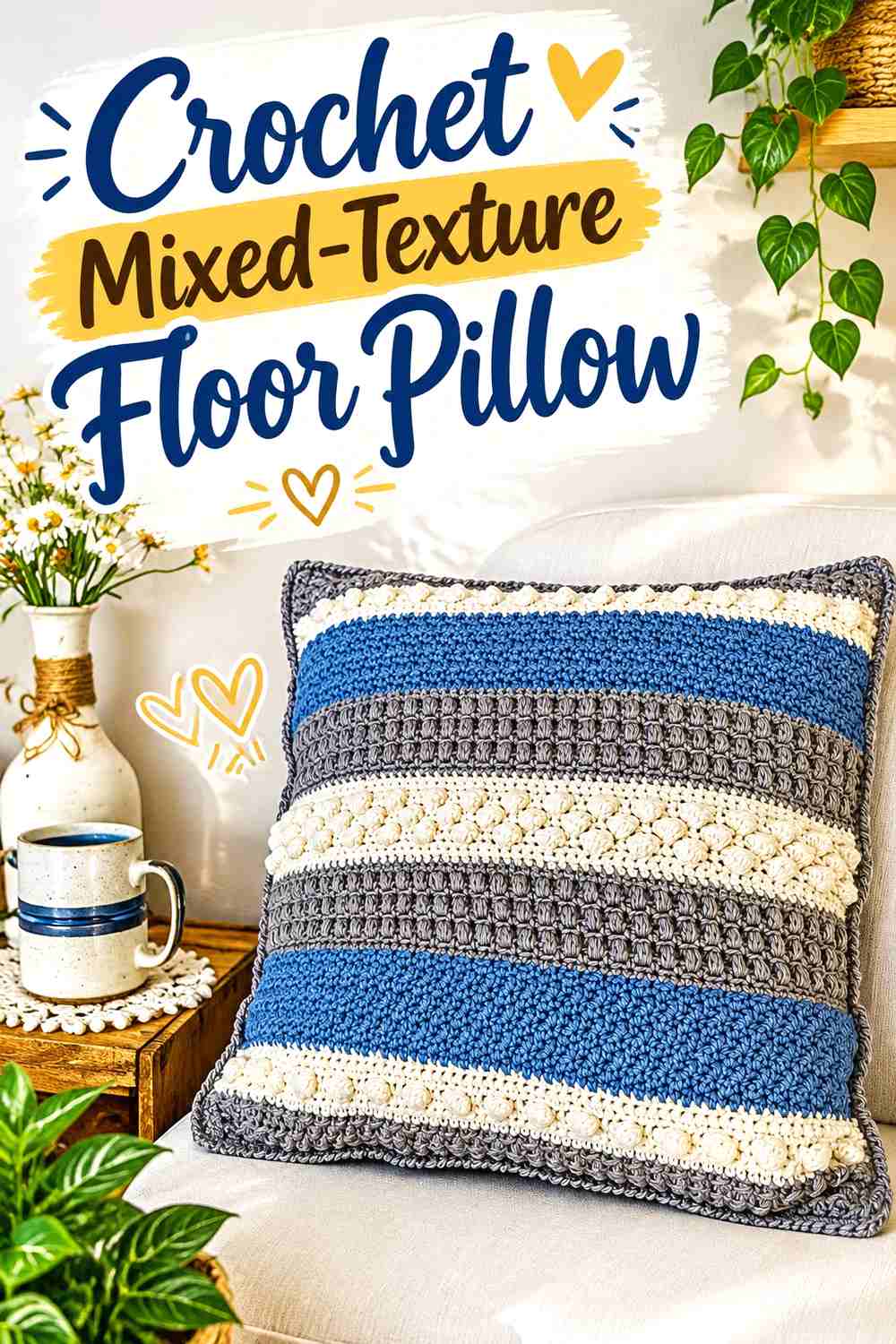 14. Crochet Mixed-Texture Floor Pillow
