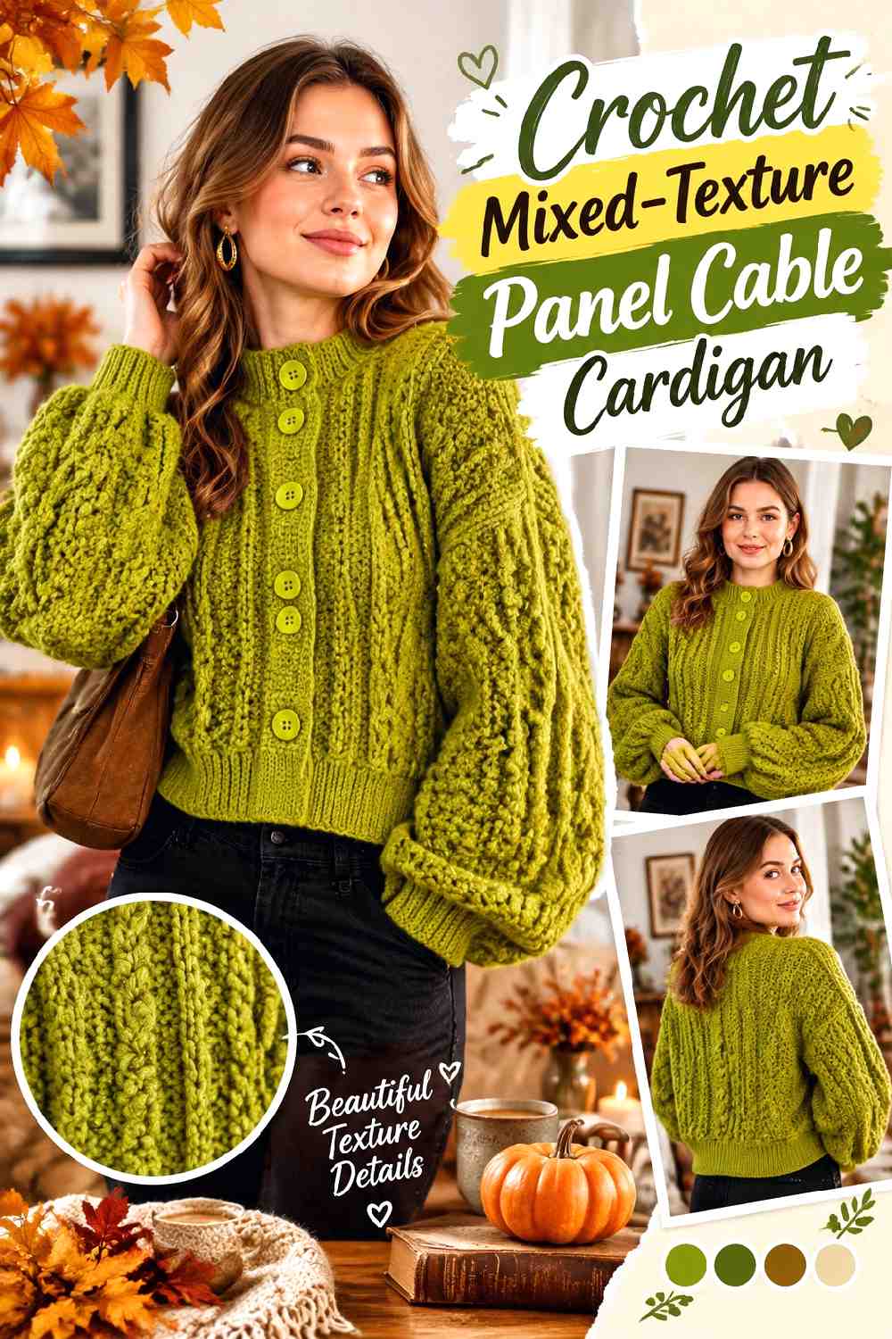 1. Crochet Mixed Texture Panel Cable Cardigan