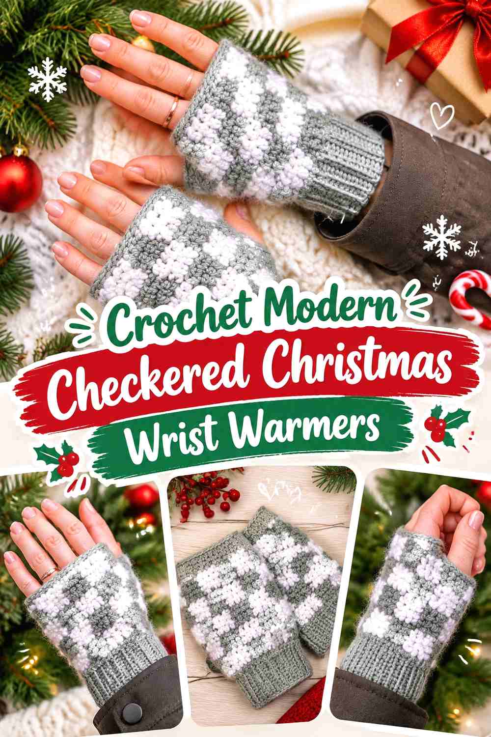 13. Crochet Modern Checkered Christmas Wrist Warmers