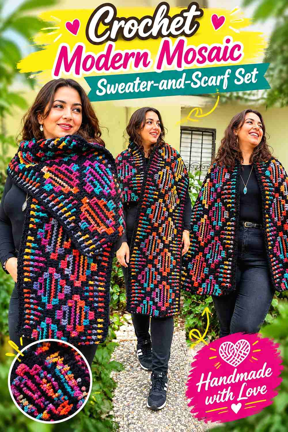 9. Crochet Modern Mosaic Sweater-and-Scarf Set