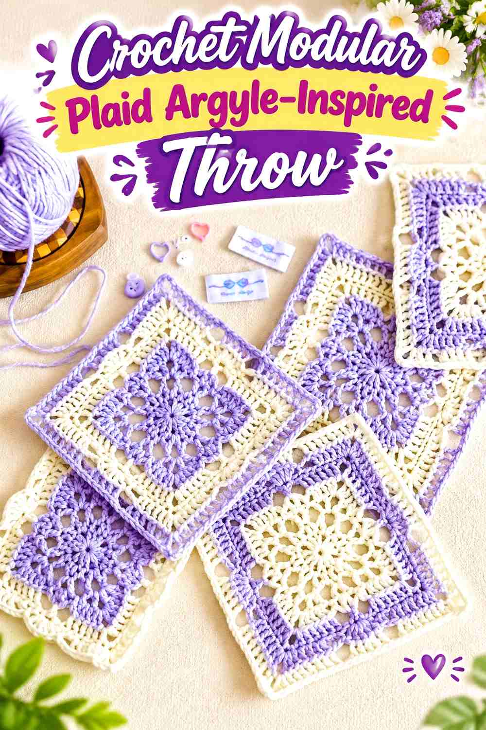 9. Crochet Modular Plaid Argyle-Inspired Throw