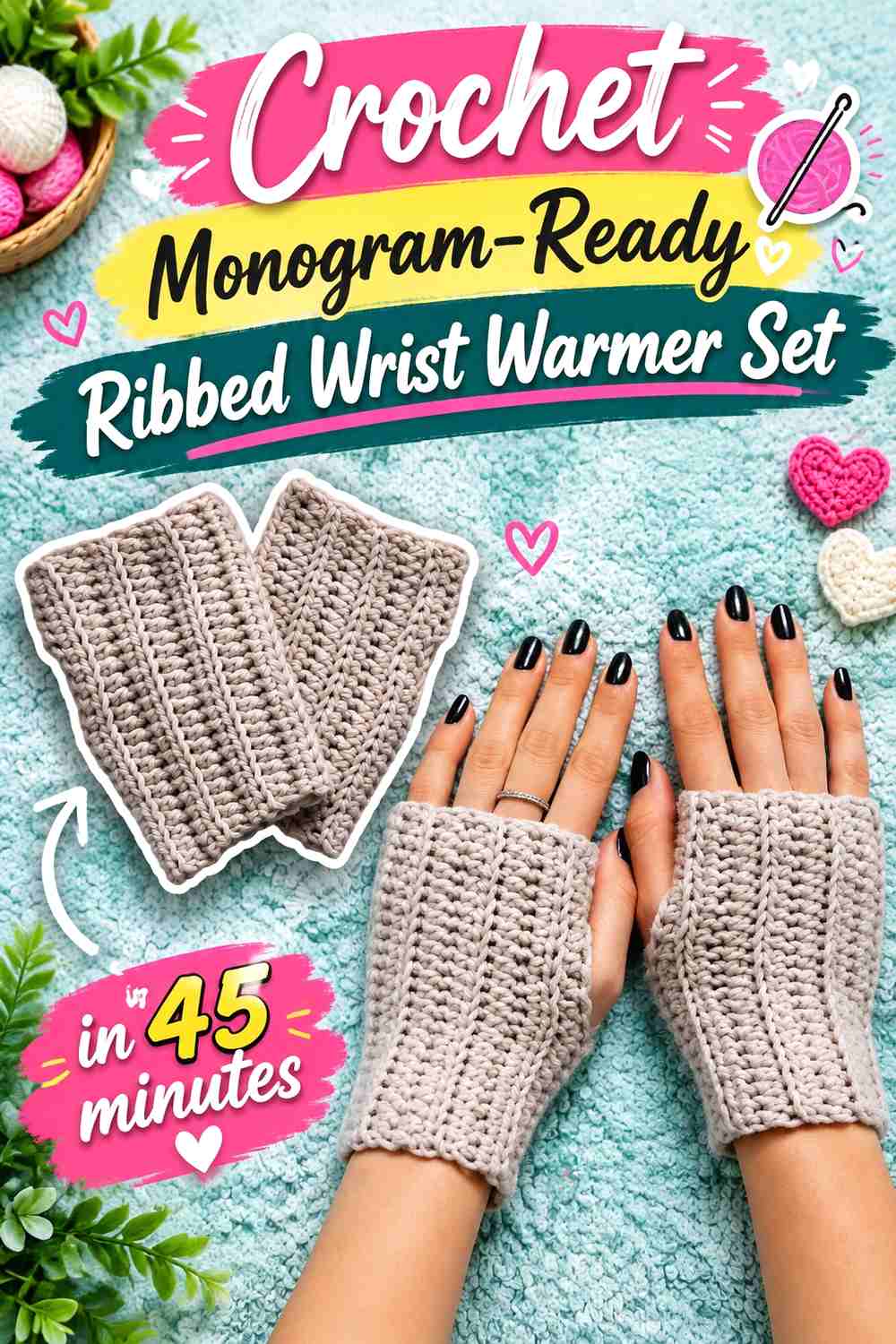 1. Crochet Monogram-Ready Ribbed Wrist Warmer Set