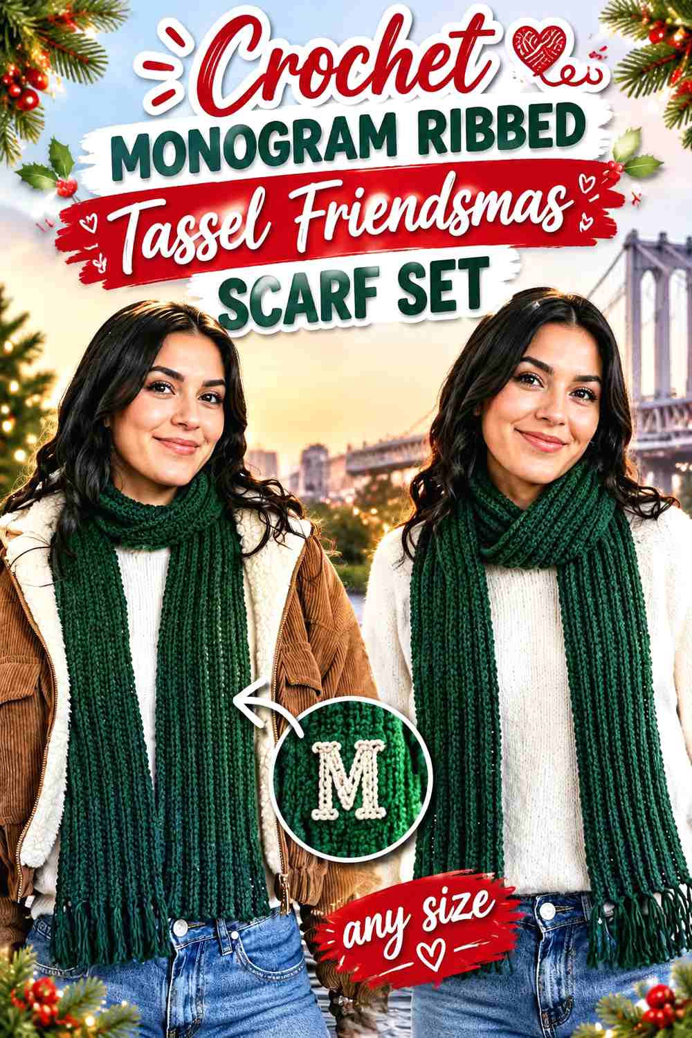 1. Crochet Monogram Ribbed Tassel Friendsmas Scarf Set
