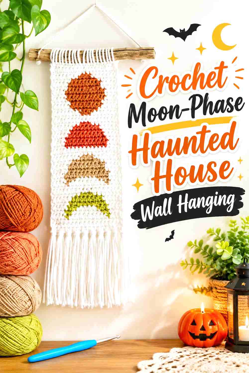 16. Crochet Moon Phase Haunted House Wall Hanging