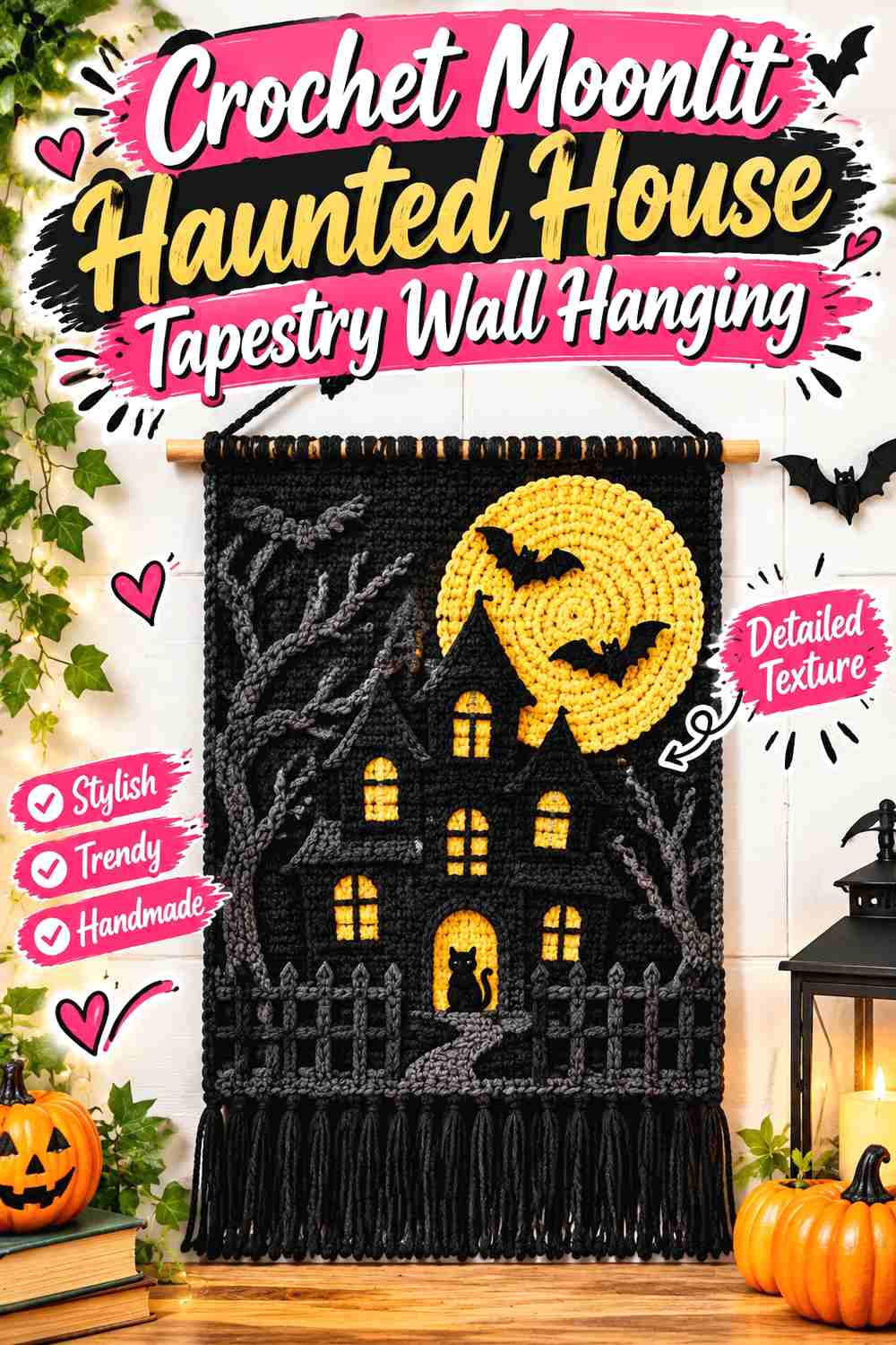 1. Crochet Moonlit Haunted House Tapestry Wall Hanging
