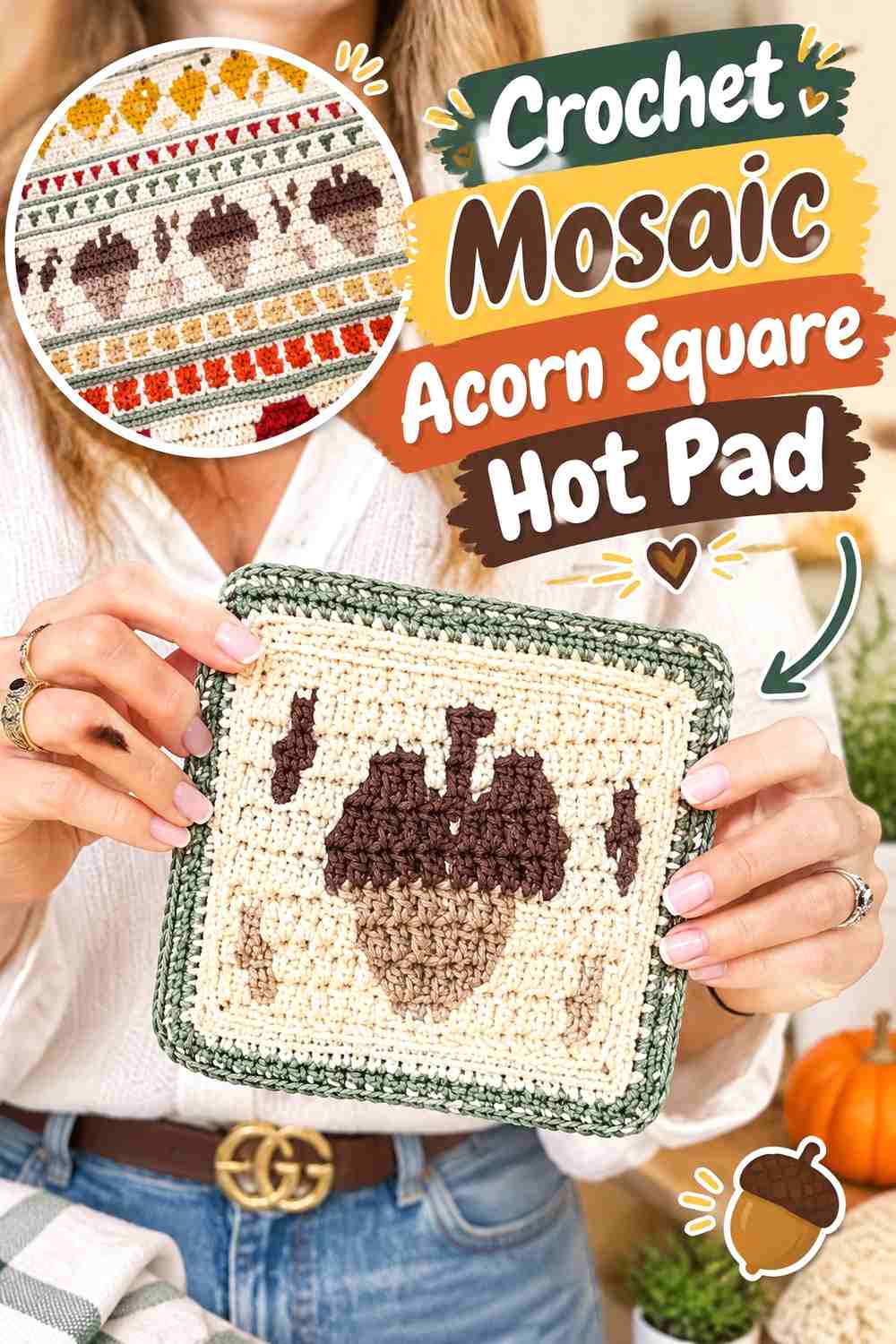 5. Crochet Mosaic Acorn Square Hot Pad