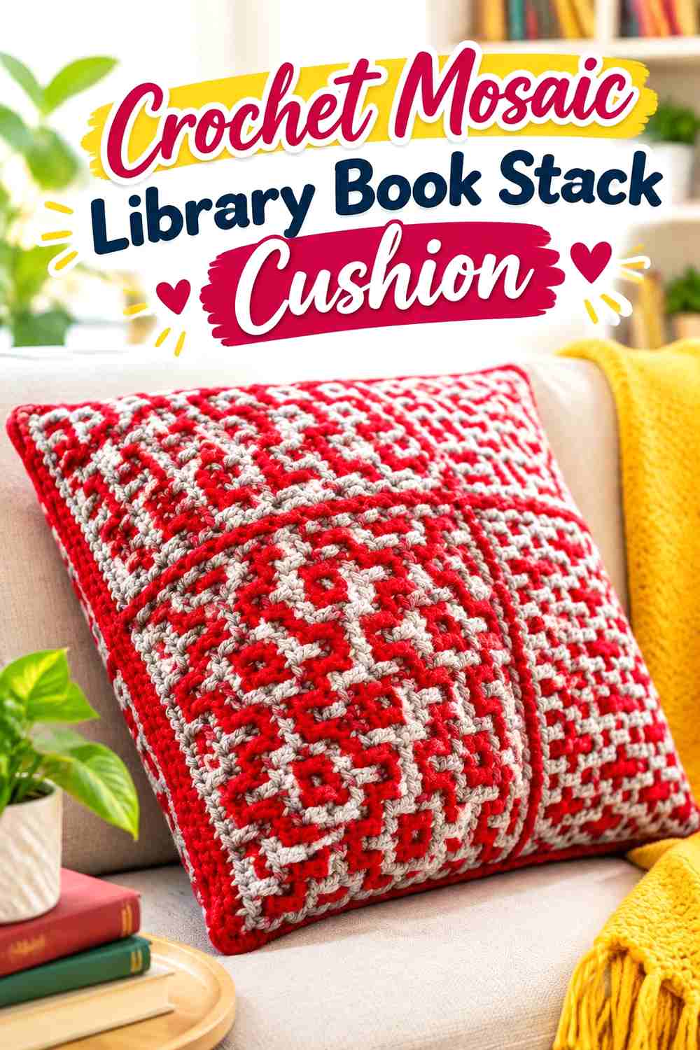 5. Crochet Mosaic Library Book Stack Cushion
