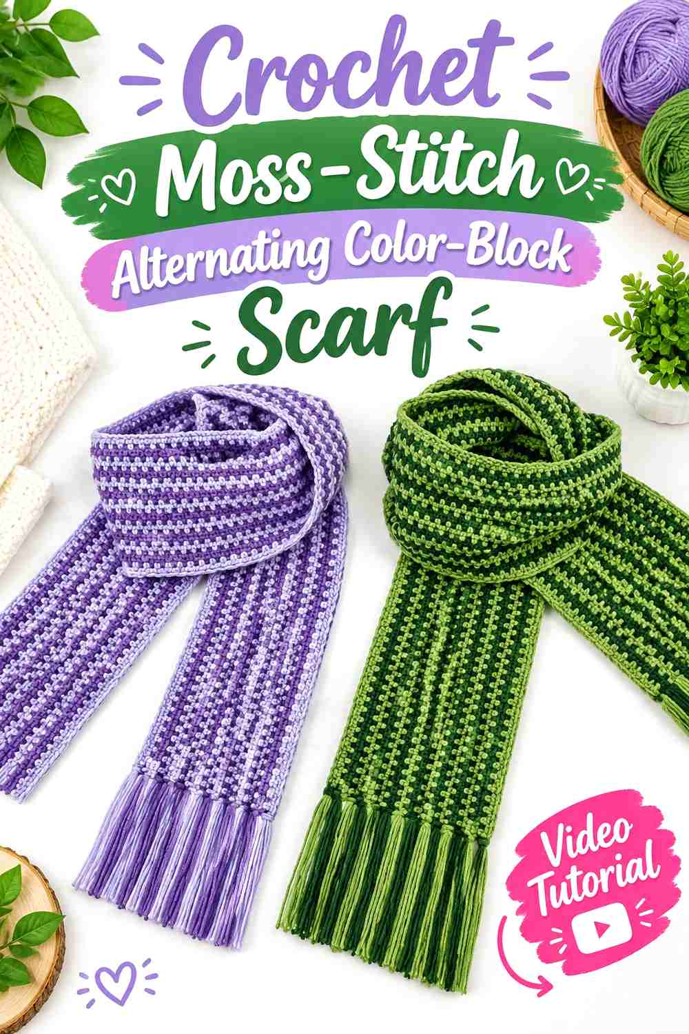 5. Crochet Moss-Stitch Alternating Color-Block Scarf