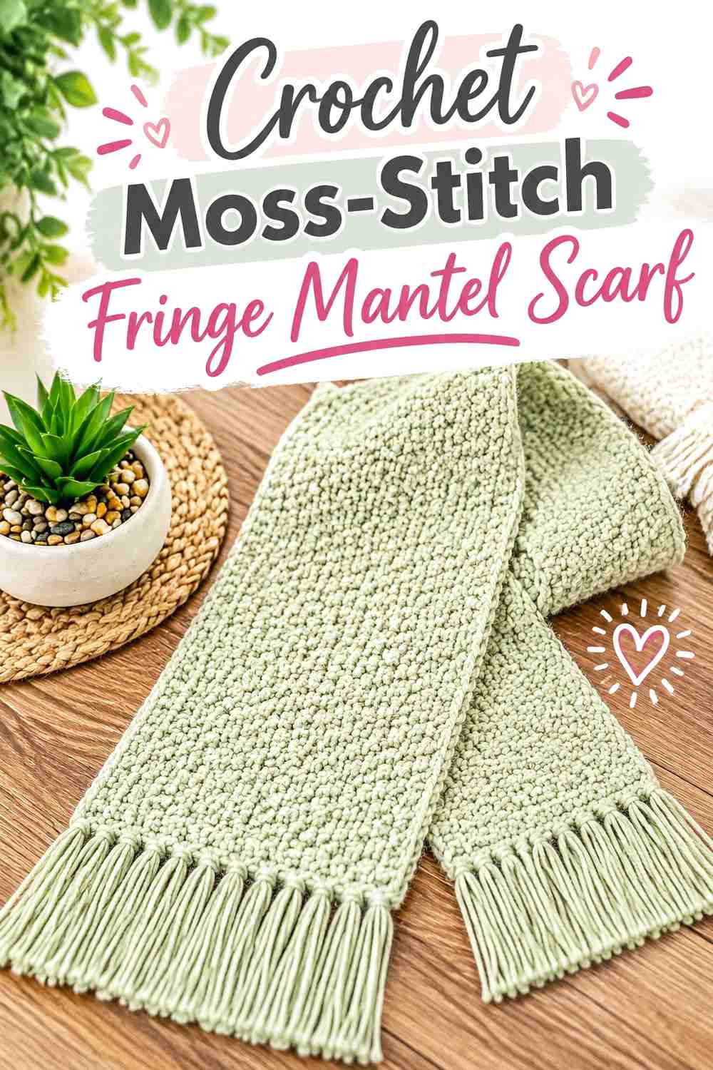 10. Crochet Moss-Stitch Fringe Mantel Scarf