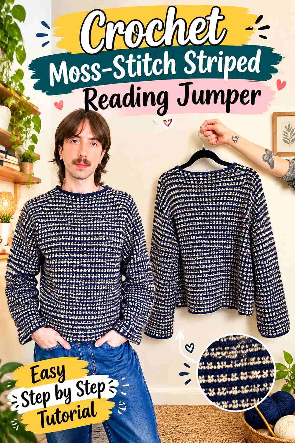 14. Crochet Moss-Stitch Striped Reading Jumper