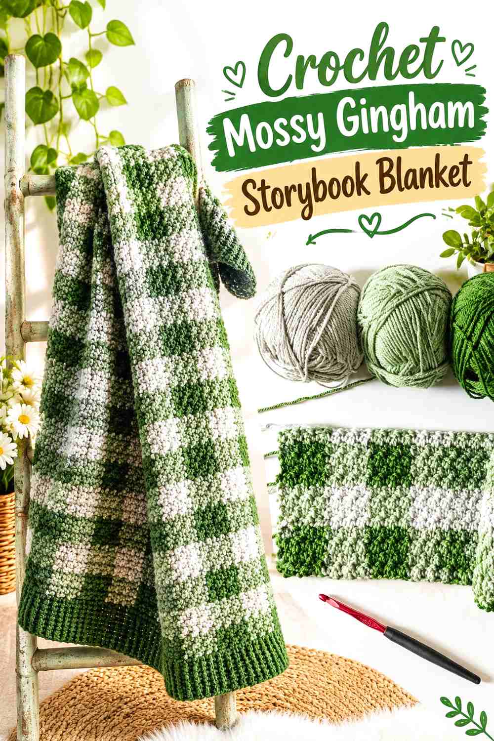 3. Crochet Mossy Gingham Storybook Blanket