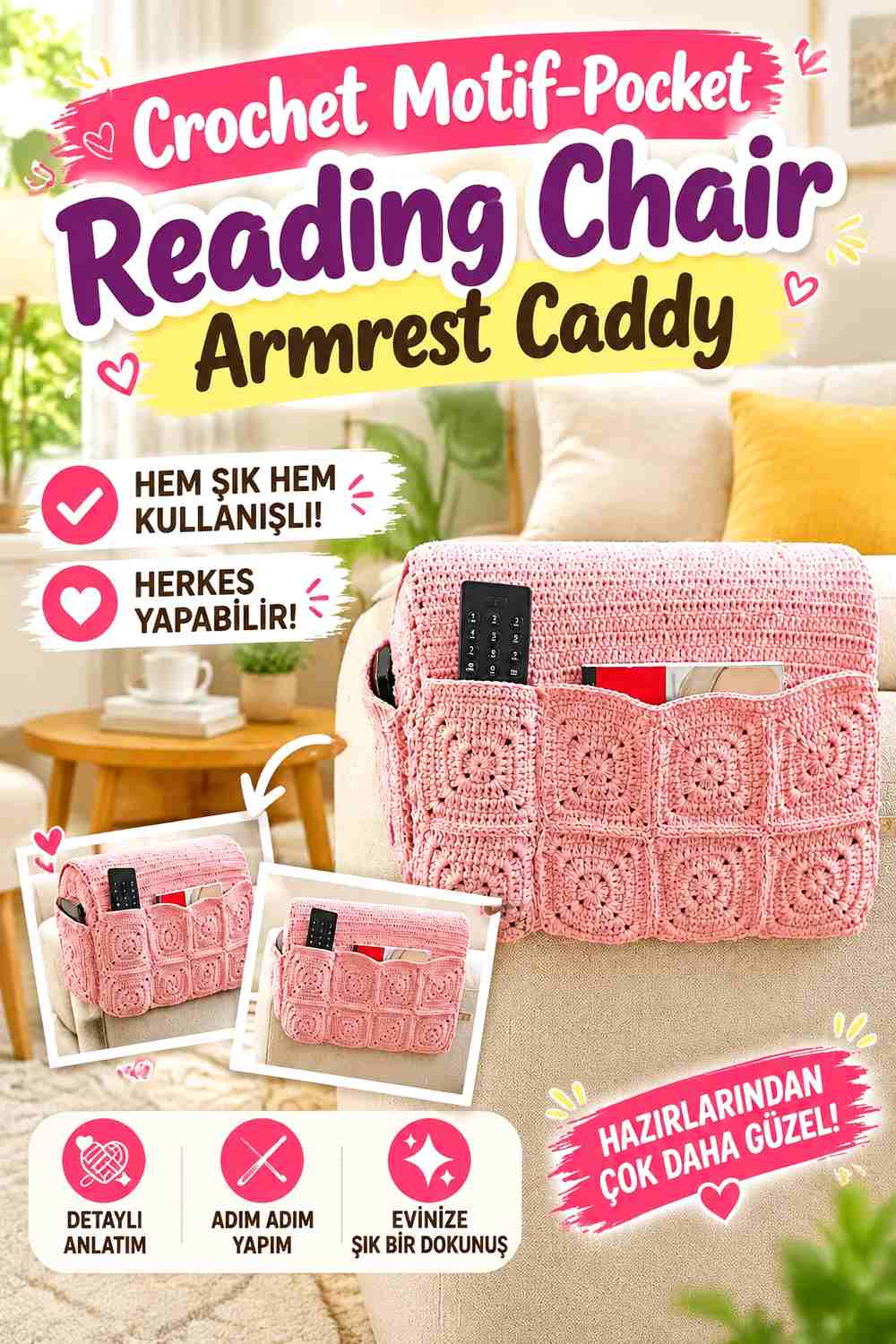 14. Crochet Motif-Pocket Reading Chair Armrest Caddy