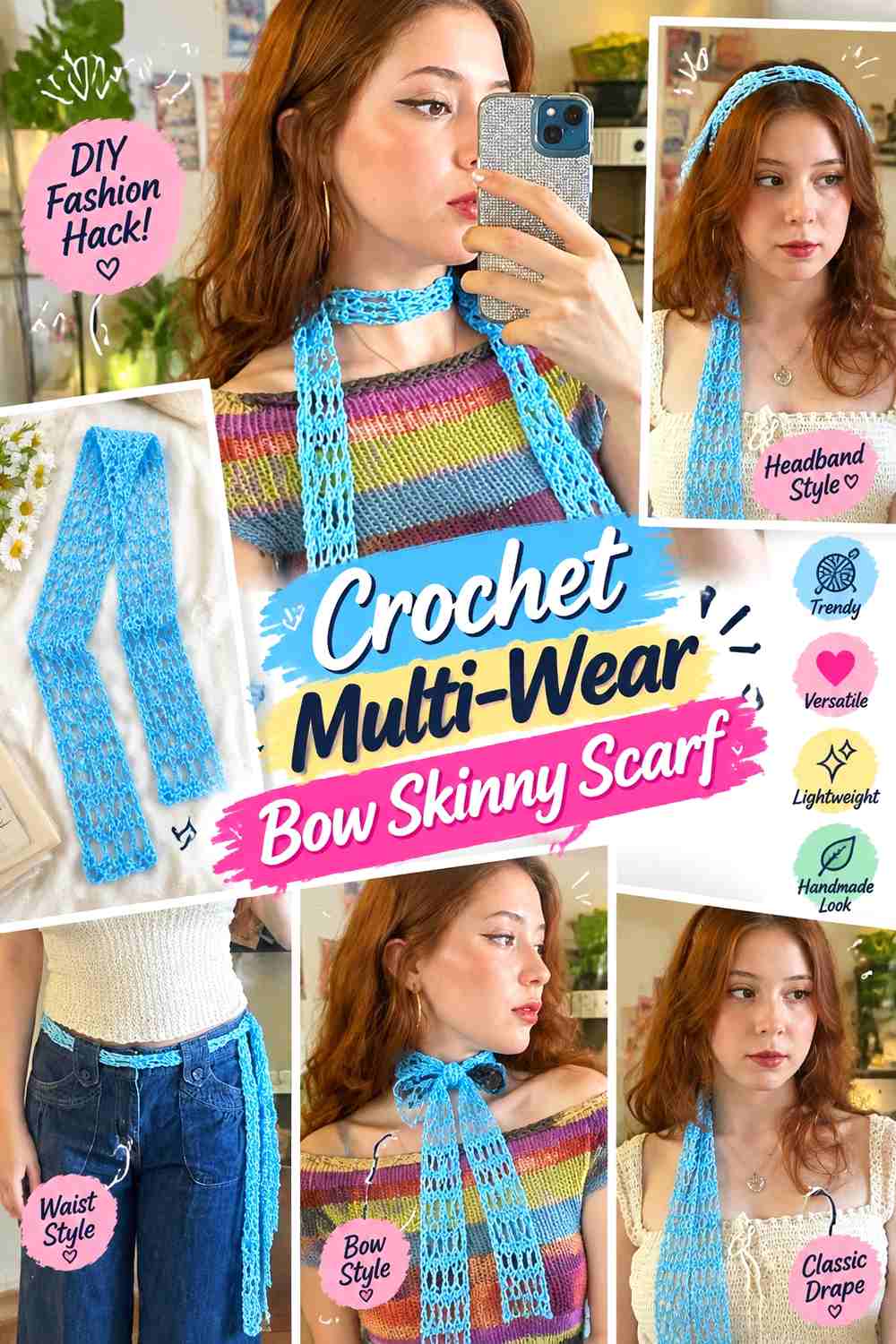 15. Crochet Multi Wear Bow Skinny Scarf