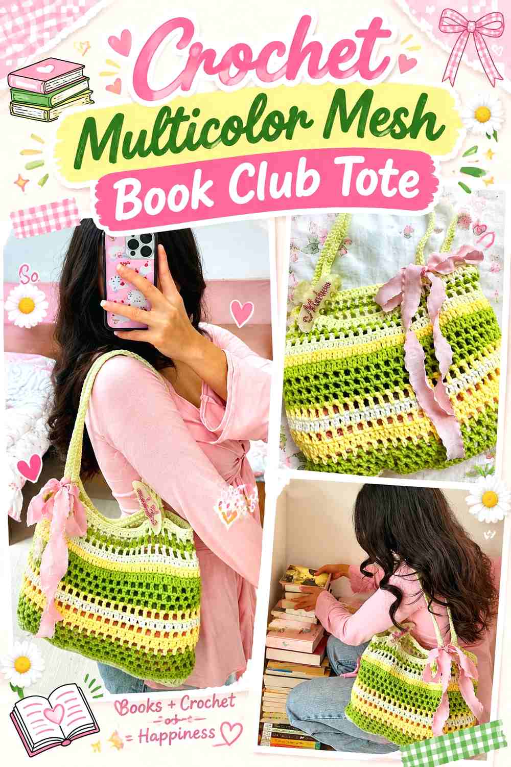 8. Crochet Multicolor Mesh Book Club Tote