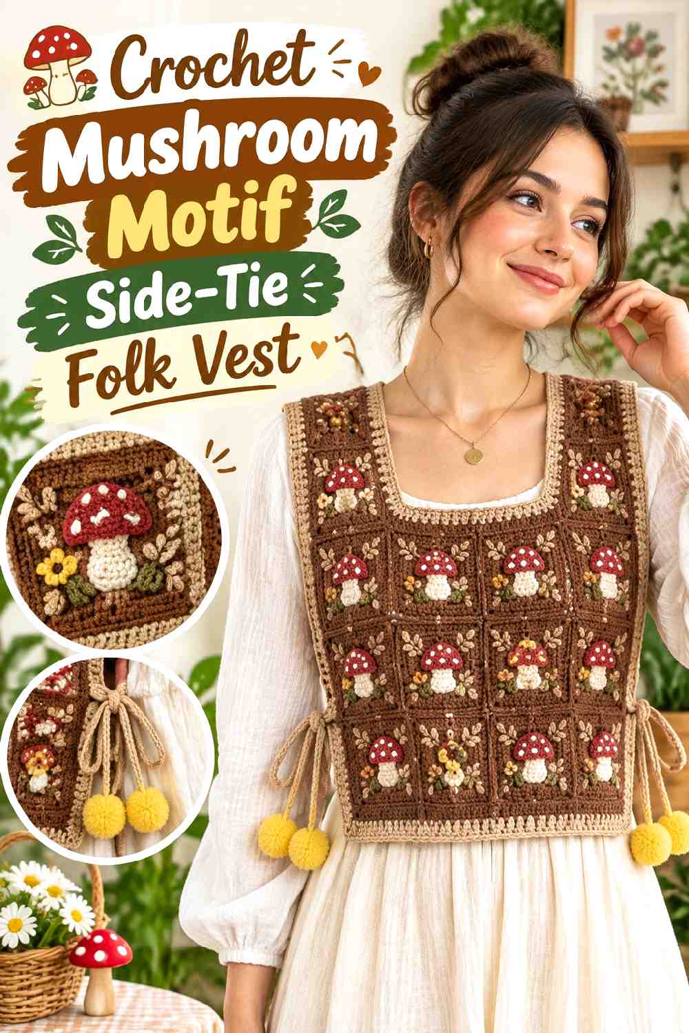 1. Crochet Mushroom Motif Side Tie Folk Vest