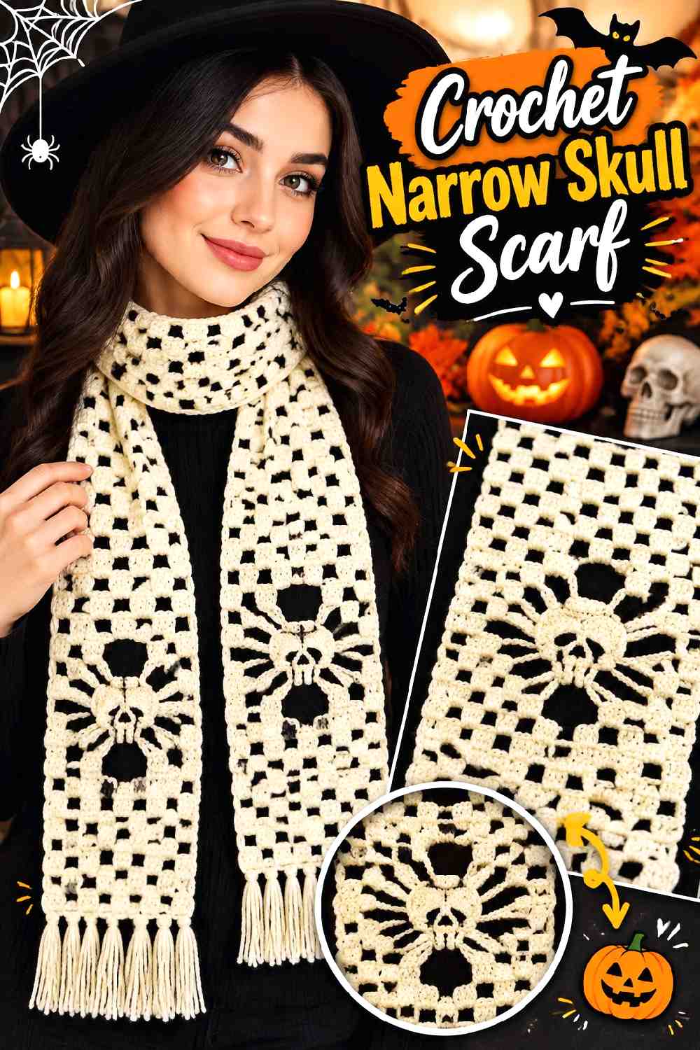 7. Crochet Narrow Skull Scarf