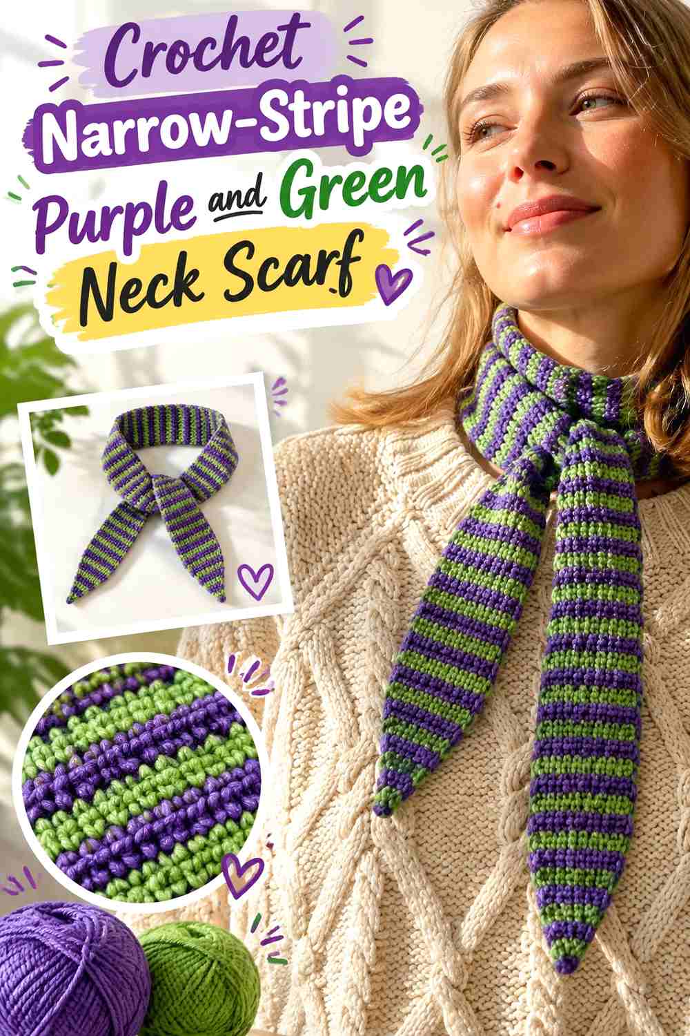 2. Crochet Narrow-Stripe Purple and Green Neck Scarf