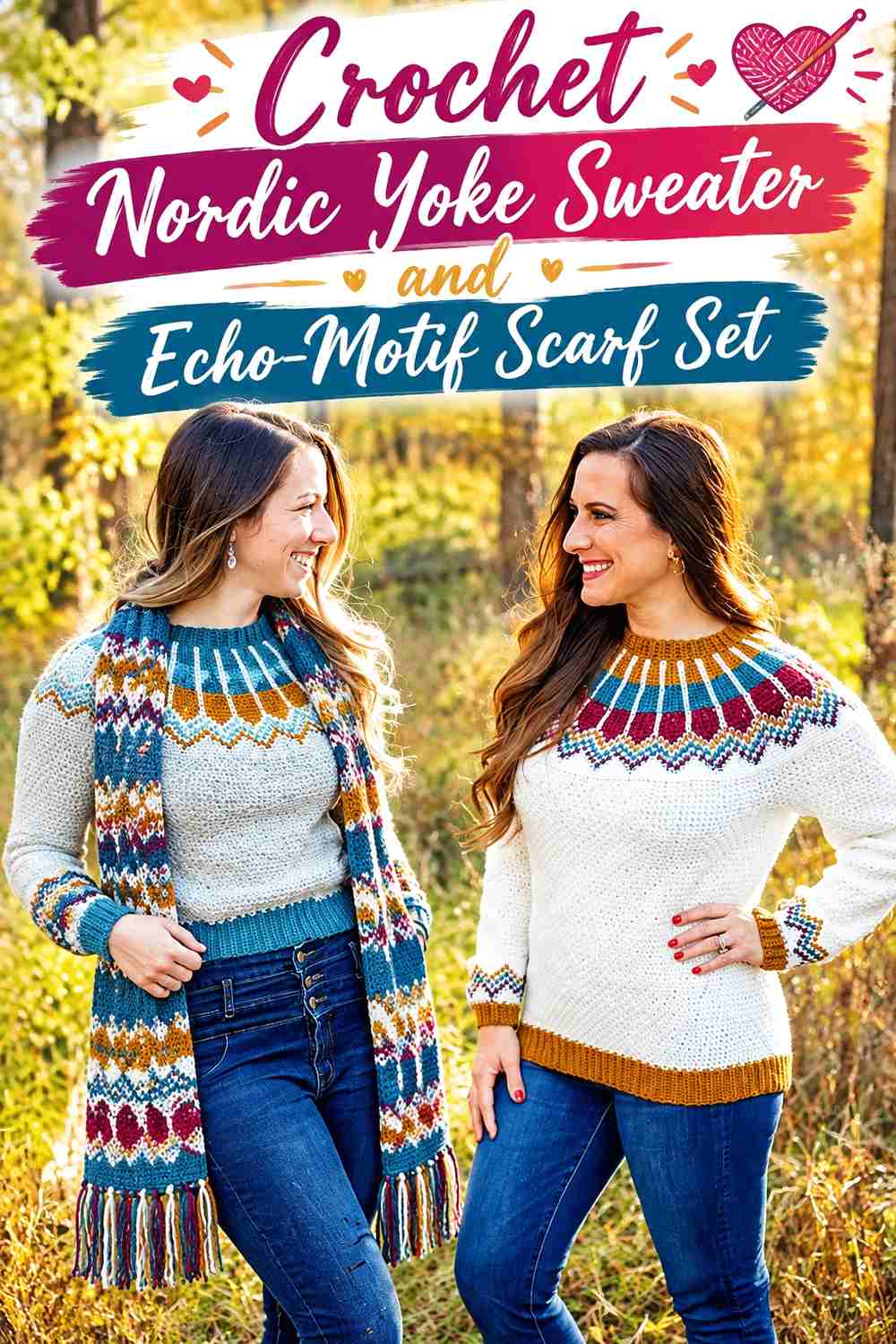 1. Crochet Nordic Yoke Sweater and Echo-Motif Scarf Set