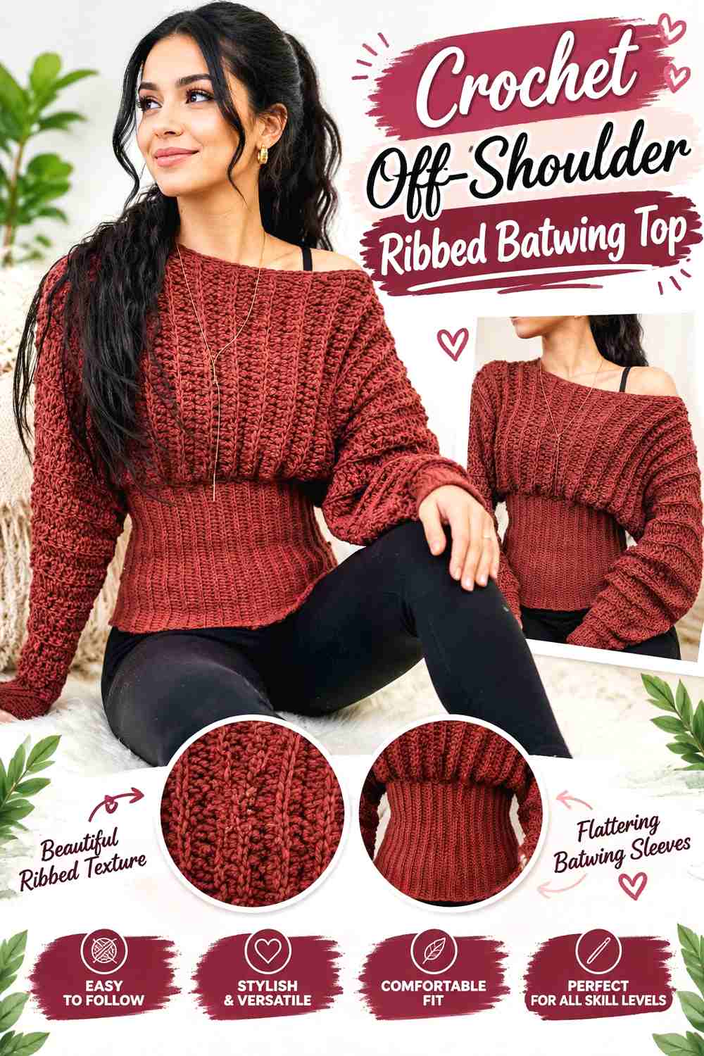 1. Crochet Off-Shoulder Ribbed Batwing Top