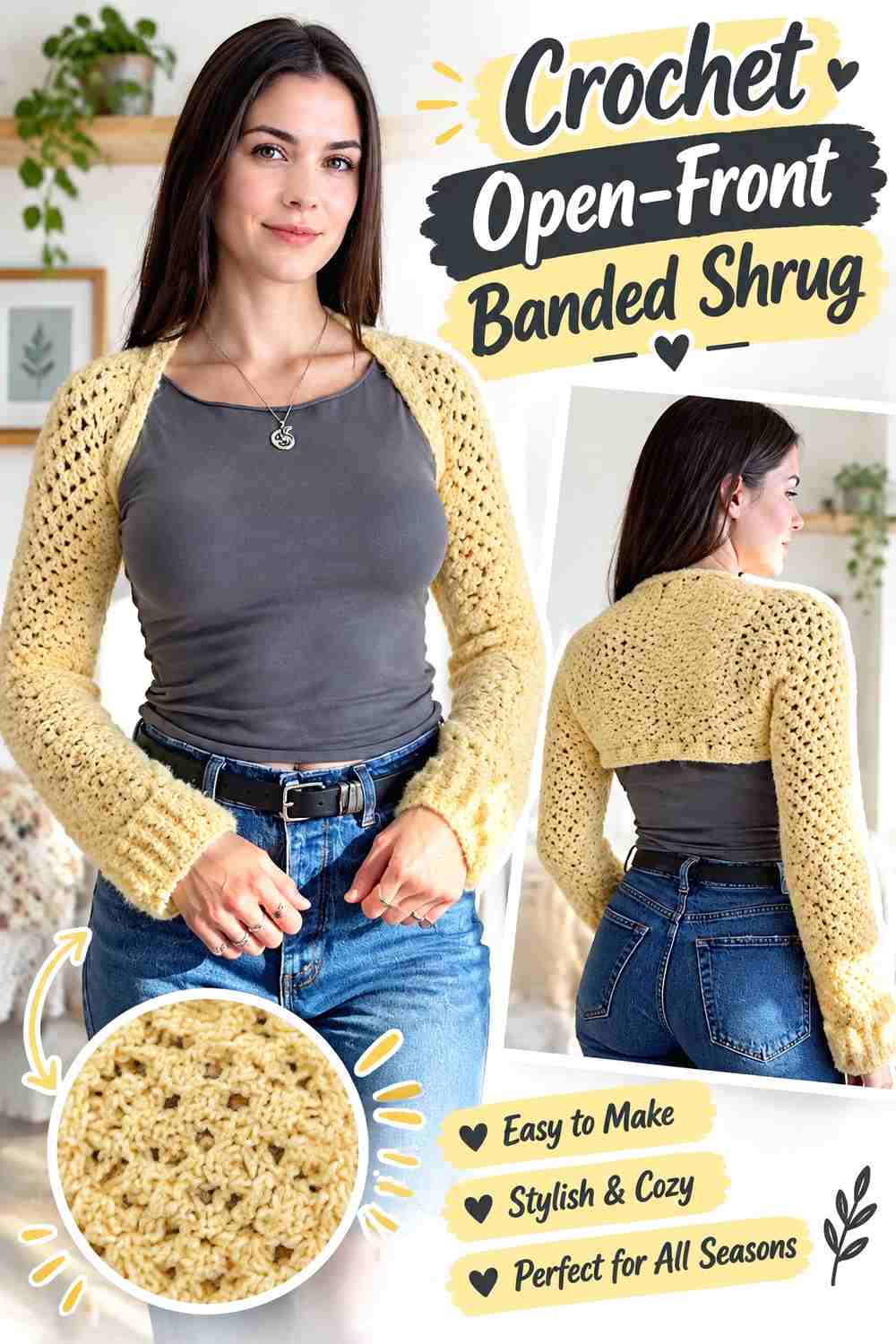 8. Crochet Open-Front Banded Shrug