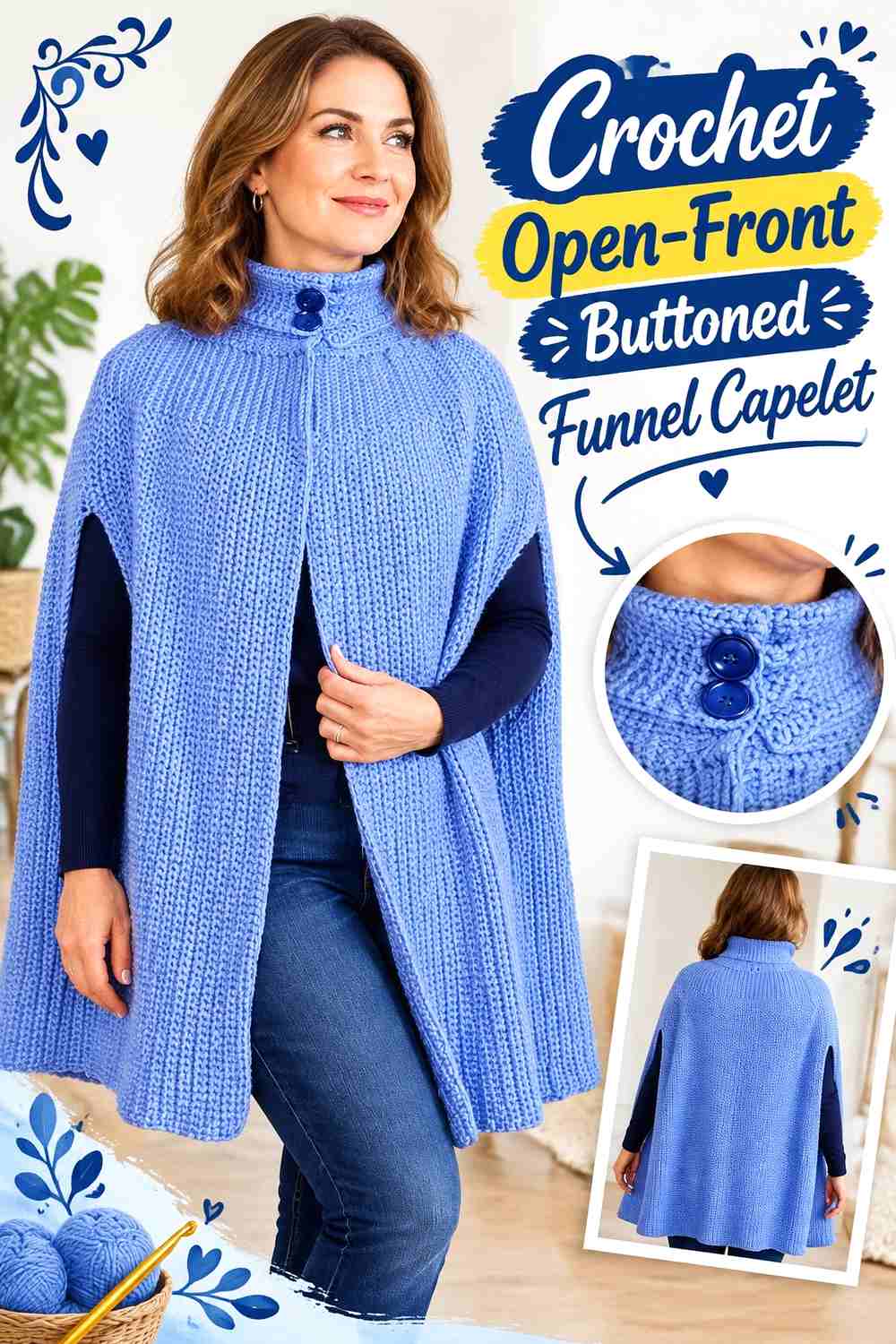 13. Crochet Open Front Buttoned Funnel Capelet